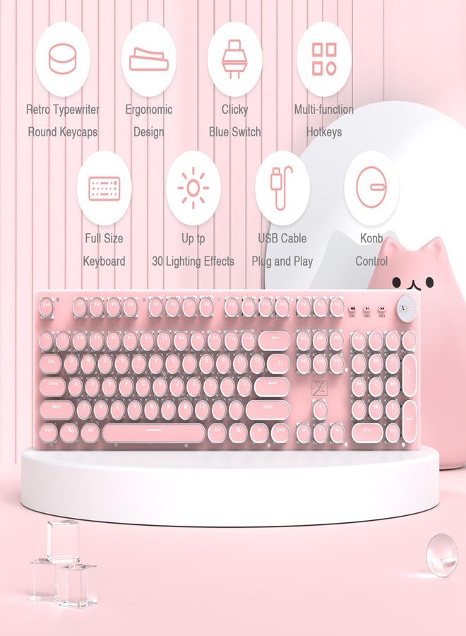 LexonElec Typewriter Style Retro Wired Mechanical Gaming Keyboard, Vintage Steampunk with White LED Backlit, 104-Key Anti-Ghosting Blue Switch Cute Keyboard, Round Keycaps Knob Control for PC/Win/Mac/Laptop - Image 2